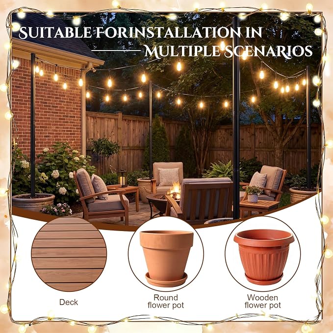 4 Pack String Light Pole Base for Planters, Heavy Duty Metal Holder for Outdoor Patio String Lights, Fits 1.5 Inch Poles, Rust Resistant Mount with Screws for Backyard Garden Decor