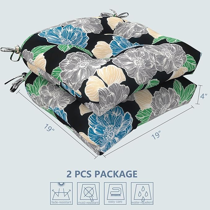 LVTXIII Outdoor U-Shaped Wicker Seat Cushion, Decorative Tufted Chair Pads Round Back Seat Cushion Set for Patio Garden Home Office Furniture, 19"x19"x4", 2 Pack, Peony Garden