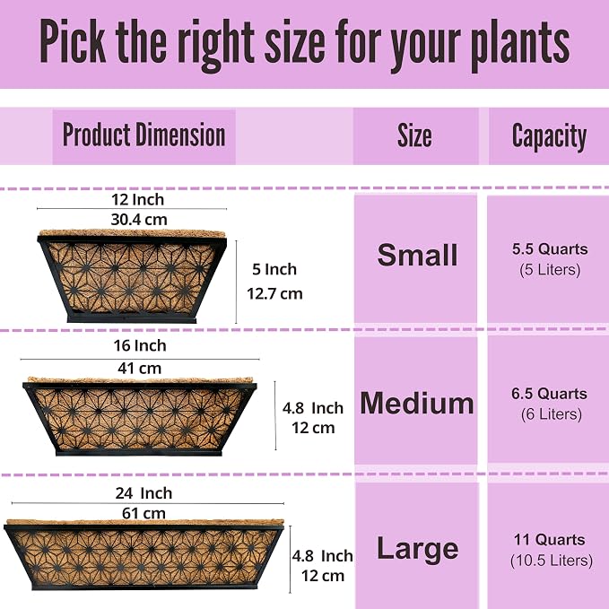 LaLaGreen Window Boxes Planter for Outdoor Plants (4 Pack, 24 Inch) Black Metal Rectangular Flower Pot Wall Planters with Coco Liner, Modern Stylish Horse Trough Railing Deck Rail Fence Balcony Patio