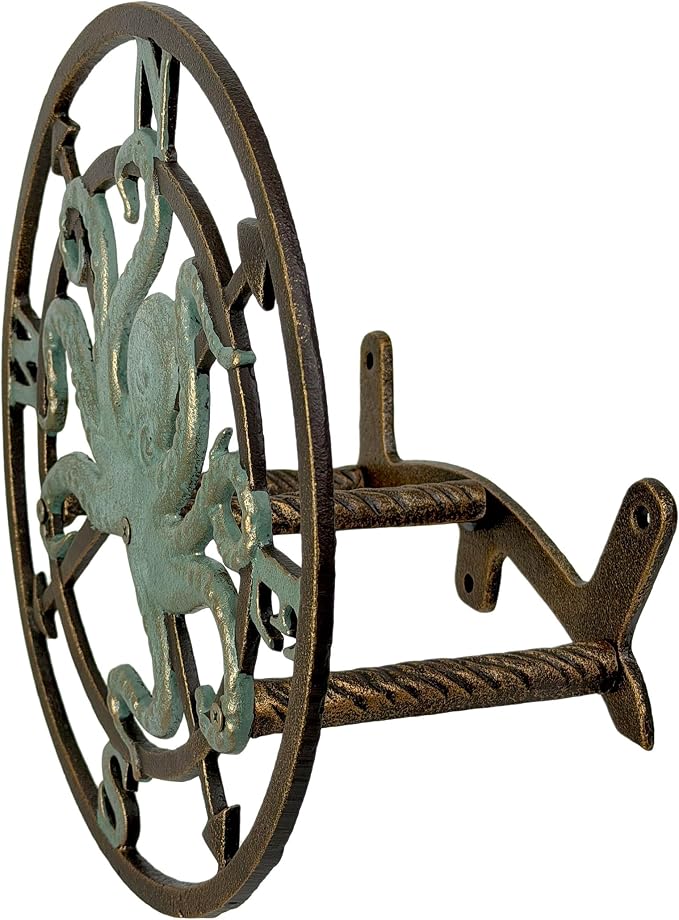 Zeckos 11.75 Inch Cast Iron Octopus Compass Rose Garden Hose Holder, Bronze Verde Patina Nautical Outdoor Wall Mounted Decorative Hose Hanger for Yard, Garden, Patio or Beach House