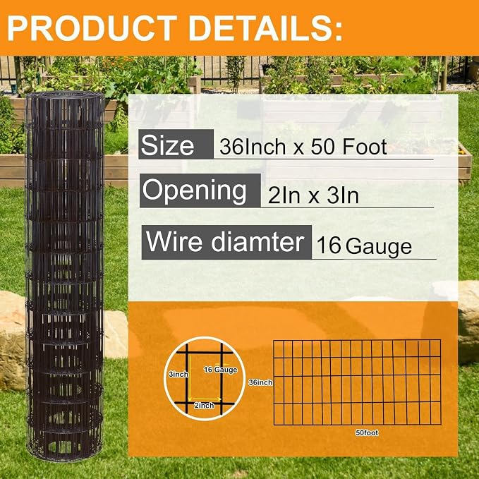 Wire Fence 36in x 50ft, 2 x 3 Inch 16GA, Garden Fence Garden Border Fencing Roll Vinyl Coating Metal Wire Mesh Hardware Cloth for Yard Vegetable Plant Protection Poultry Netting
