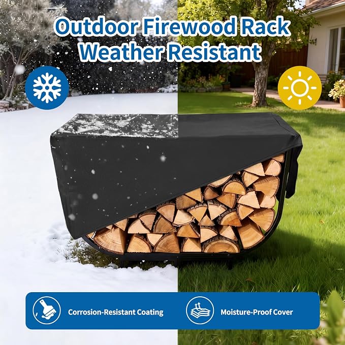Firewood Rack Outdoor w Thicken Cover, 40 Inch Indoor Large Firewood Rack-Stable Curved Firewood Storage Heavy Duty & Rustproof Metal Log Holder w Hook for X-mas Decoration or Tools Nearby Fireplace
