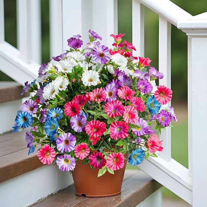 Colorful Artificial Morning Glory Flowers for Outdoor Planters, Premium UV Resistant Silk Faux Flowers for Porch, Hanging Basket & Window Box, Vibrant Garden Decor, No Pot, 13.3 Inch, 8 Bundles
