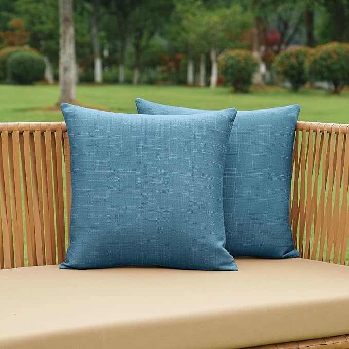NiNi ALL Pack of 2 Decorative Outdoor Waterproof Pillow Covers Square Garden Linen Textured Cushion Sham Throw Pillowcase Set of 2 for Patio Farmhouse Garden Tent Couch 18x18 Inch Dark Blue