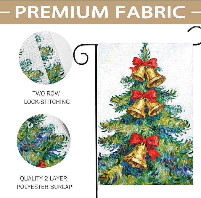 Christmas Garden Flag 12x18 Inch Green Yellow Red Xmas Tree Bell Bowknot Winter Holiday Decorative Yard Flags for Outside Double Sided Seasonal Outdoor Home Farmhouse Decoration Porch New Year Decor
