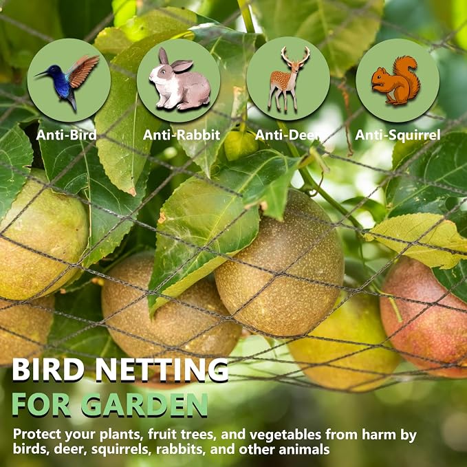 Bird Netting for Garden 50 x 50 FT Heavy Duty Black Garden Netting for Fruit Trees, Chicken Coop, Pond, Blueberry Bushes, Poultry & Deer Netting, HDPE Plant Protection Net Fence with Ties