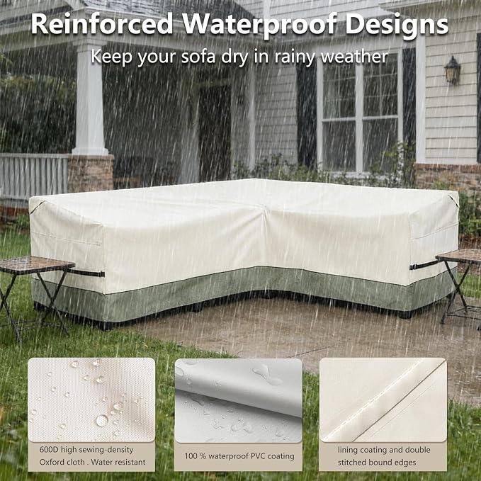 okcool Outdoor Sectional Cover,L-Shaped Patio Furniture Covers for 6-Seater Outdoor Sectional Furniture Couch 110"(85''L) x 32''D x 31''H, White&Grayish Green