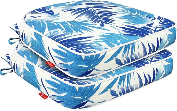 Outdoor Chair Cushions Set of 2, 19x19 Inch U-Shape Patio Seat Cushions with Ties, Water & Fade Resistant High Density Foam Cushions for Garden Patio Chairs, Blue Leaf