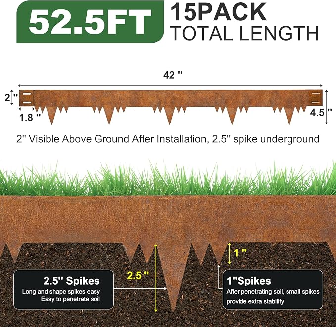 Metal Landscape Edging Border 15 Packs 42'' L x 4.5'' H, Pre-Rusted Steel Garden Edging Border with 15 Stakes, Hammer-in Lawn Edging for Landscaping, Flower Bed, Yard, Pathway, Tree Ring (52ft Total)