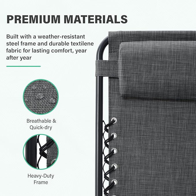 JEAREY Zero Gravity Lounge Chairs Set of 2, Adjustable Steel Mesh Recliners with Pillows and Cup Holder Trays for Patio, Garden, Beach, Dark Grey