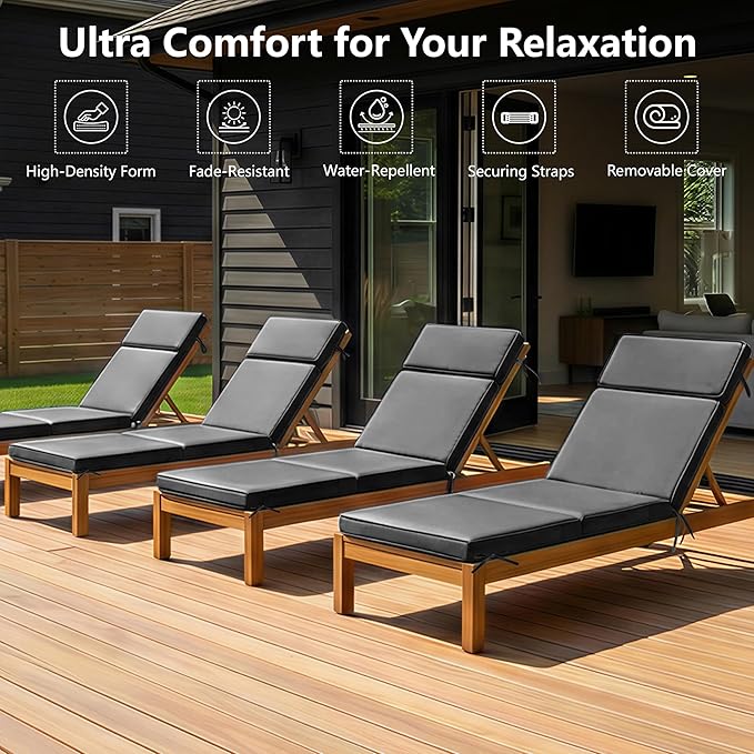72 x 21 Inch Outdoor Chaise Lounge Cushions Set of 4 - Removable Cover, 4-Section Design, Water-Repellent & Fade-Resistant, 6 Tie Straps, Replacement for Patio & Pool Chairs - Dark Grey