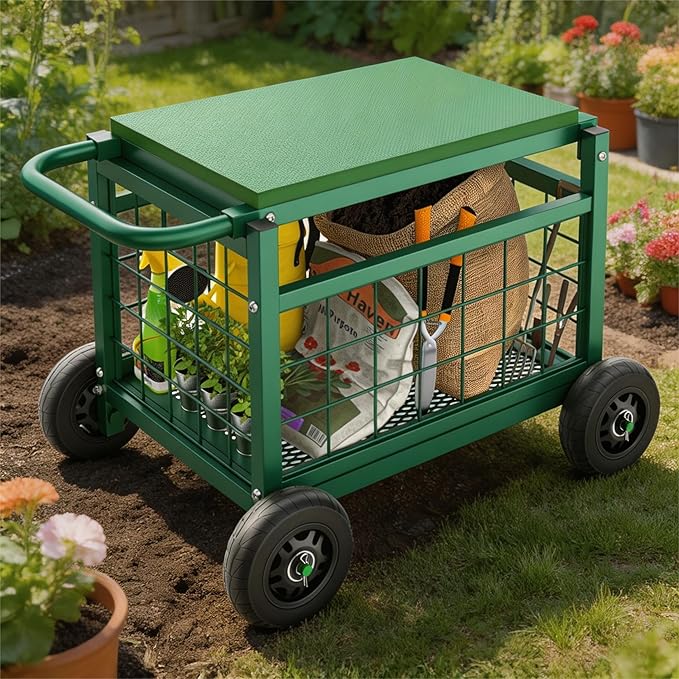 Extra-Large Rolling Garden Work Seat with Wheels, Metal Rolling Gardenning Cart, 500 lb Steel Frame, Large Storage Basket Garden Rolling Stools with Wheels for Seniors, Patio, Green