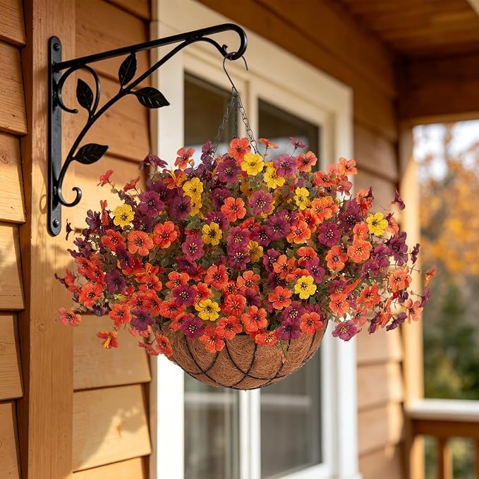 Fake Mums Artificial Fall Flowers with Hanging Baskets Outdoors for Decoration Faux mums for outdoor planters Daisy Flower with Eucalyptus Leaves for Porch Home Patio Balcony and Yard Autumn Decor