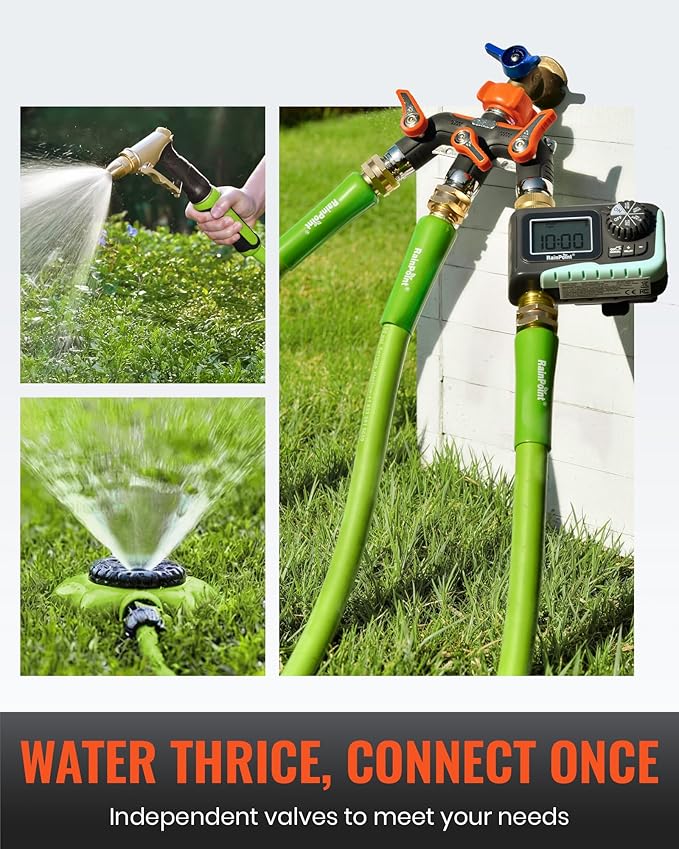RAINPOINT 3 Way Hose Splitter, 100% Metal Heavy Duty Garden Hose Splitter With 1.9" Extra Long Handle & Individual Shut Off, 3/4 Inch GHT Thread Water Hose Connector For Spigot Faucet (Orange)