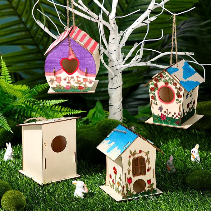 DoubleFill 48 Pcs Bulk Wooden Bird Houses Kits for Kids Mini Bird House for Craft DIY Unfinished Wood Birdhouse to Paint, Build for Children Wooden Arts Classroom Activity, 4 Styles