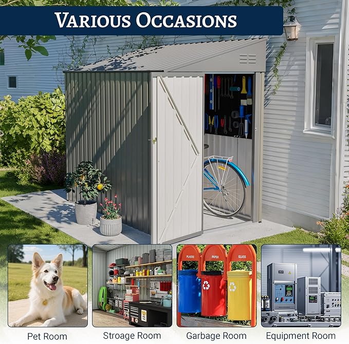 YOPTO 4x7 FT Outdoor Storage Shed Lean to Shed,Metal Shed W/Lockable Door & Air Vent,All Weather Waterproof Garden Tool House W/Reversible Installation,for Backyard,Patio,Lawn,Olive Gray