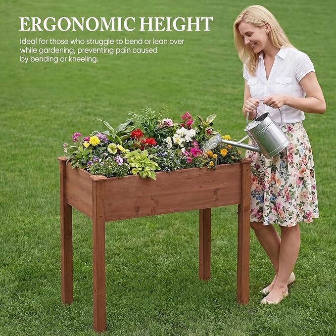 Simple Deluxe Raised Garden Bed with Legs, 34x18x30 Inch Wooden Planter Box with Liner, Elevated Outdoor Garden Box for Patio, Balcony & Backyard Use, Brown
