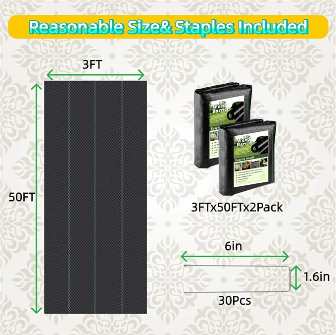 3FT x 100FT Weed Barrier Landscape Fabric (2 Pack 3x50FT) - Premium Heavy-Duty 3.2oz Gardening Weed Control Mat with 20 U-Shaped Securing Pegs - Ground Cover for Garden, Flower Bed, Yard