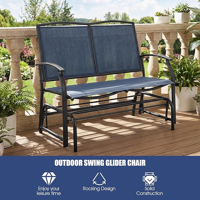 Giantex Outdoor Glider Bench, Patio Glider Bench for Outside, Steel Frame, 400 Lbs Capacity, Ergonomic Swing Rocking Chair Loveseat, 2-Person Porch Swing Rocker for Backyard, Lawn, Balcony, Dark Blue