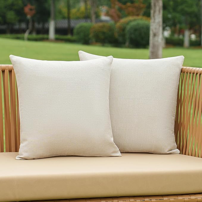 NiNi ALL Pack of 2 Decorative Outdoor Waterproof Pillow Covers Square Linen Textured Garden Cushion Sham Throw Pillowcase Set of 2 for Patio Farmhouse Garden Tent Couch 24x24 Inch Beige