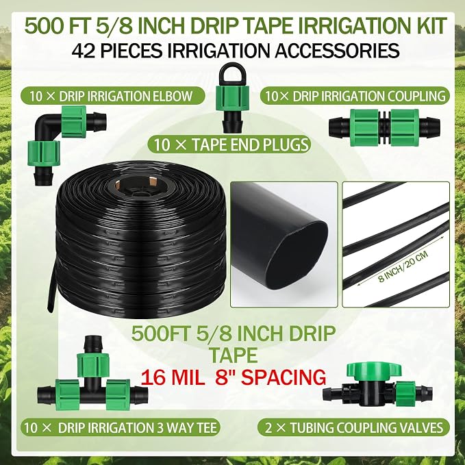 500 ft 5/8 Inch Drip Tape Irrigation Kit Drip Tape 16 Mil 8" Spacing Hose Garden Watering Tubing System Automatic Irrigation Equipment for Plant, Landscape, Yard, Lawn and Farm