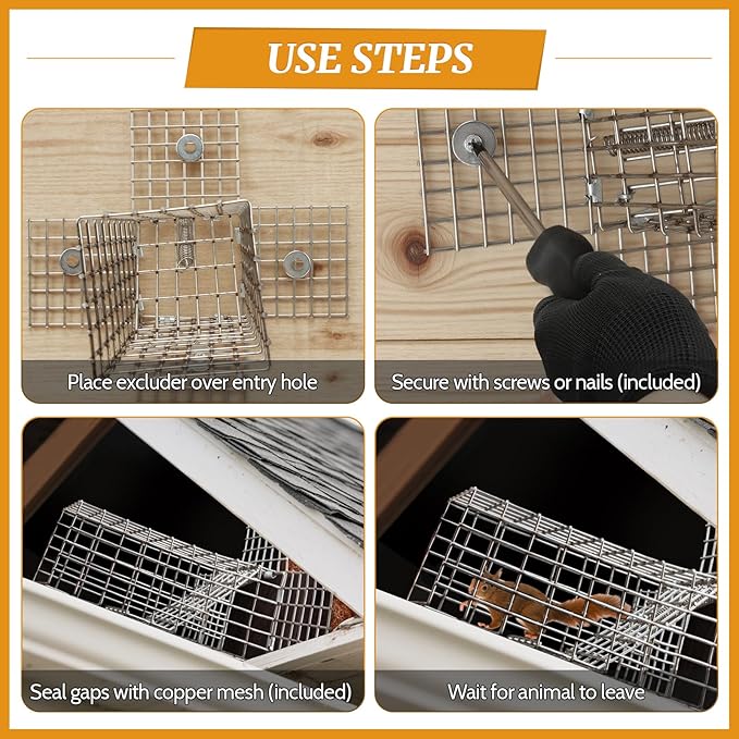 2Sets One Way Squirrel Door Excluders, 3 × 3 × 9inch Animal Excluder Cage, Humane Squirrels, Chipmunks Contactless Excluder, for Outdoor Spaces Like Attics, Chimneys - Includes Full Installation Kit