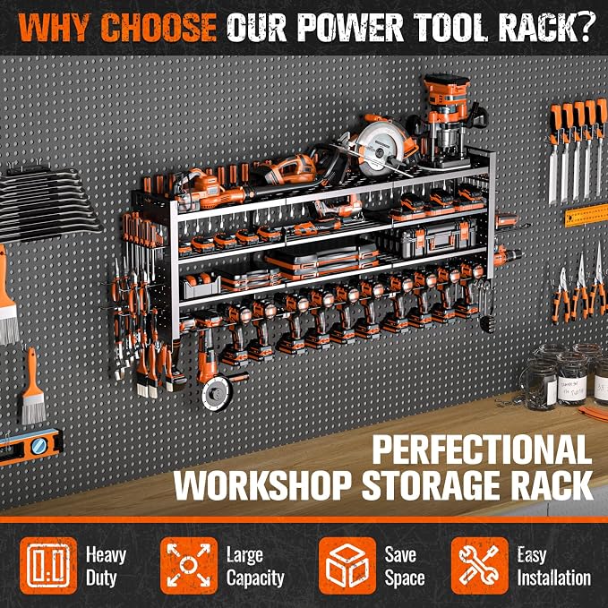 49.8" W Large Power Tool Organizer Wall Mount, Heavy Duty Tool Organizer with 14 cordless Drill Holder, 4 Layers Garage Organization and Storage Rack, Tool Rack for Garage Workshop, Black