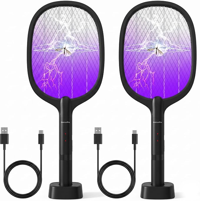 Fly Swatter Electric(2 Pack) Bug Zapper Racket, USB-C Rechargeable Electric Fly Swatter Portable Handheld Cordless Fly Swatter Racket to Kill Mosquitoes, Wasps, Gnats, Flies, Bugs, with Stand
