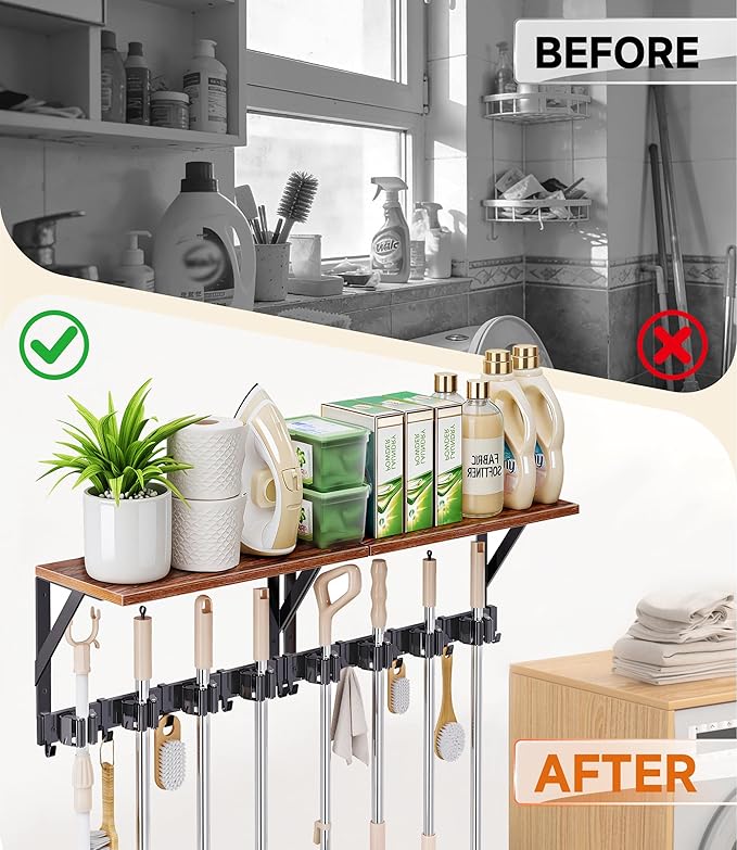 2Pack Broom Holder Wall Mount with Organizer Shelf, Space-Saving Broom and Mop Organizer Wall Hanging with 8 Broom Slots 10 Removable Hooks, Laundry Room Shelves for Laundry Room Garage Garden Closet