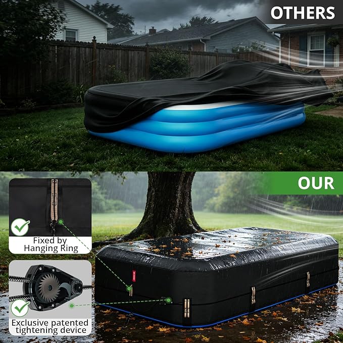 QH.HOME 120"x72" Rectangular Pool Cover for Inflatable Pool,Fits Blow Up Pool Size 10' x 6', Blocks Leaves & Sun, Windproof Snug Fit with Patented Ratchet & Weight Rings to Prevent Slipping