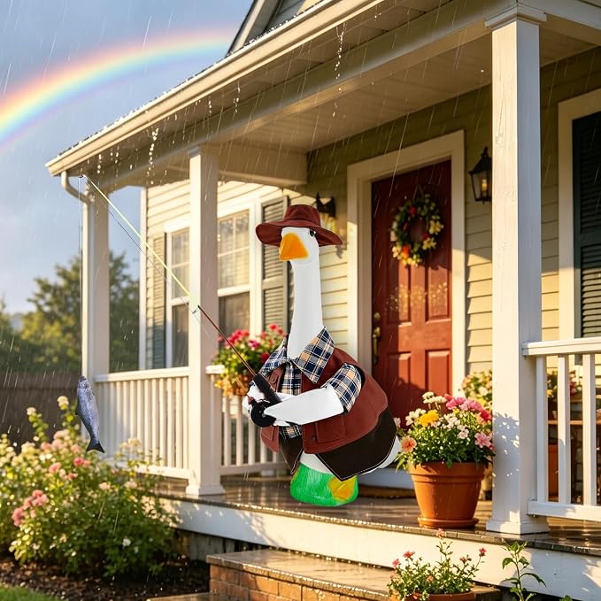 Fishing Porch Goose Outfits, Fisherman Costume for 23 Inch Plastic/Cement Goose, Goose Sculpture Clothes for Summer Yard Patio Party Decoration(Fishing Enthusiast 2)