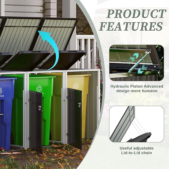 KEIKI 83 Cu.Ft Metal Outdoor Trash Can Storage Shed for 3 Bins, Garbage Bin Enclosure with Pneumatic Lid & Double Chain Design, Outdoor Storage for Garden, Patio & Lawn, Dark Gray