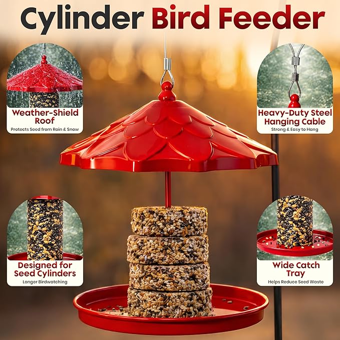 Cylinder Bird Feeder Holder - Feeders for Outdoors Hanging - Holds Bird Seed Cylinders with Hole, Logs, & Birdseed Cakes up to 6" Diameter - Cylinder Sold Separately