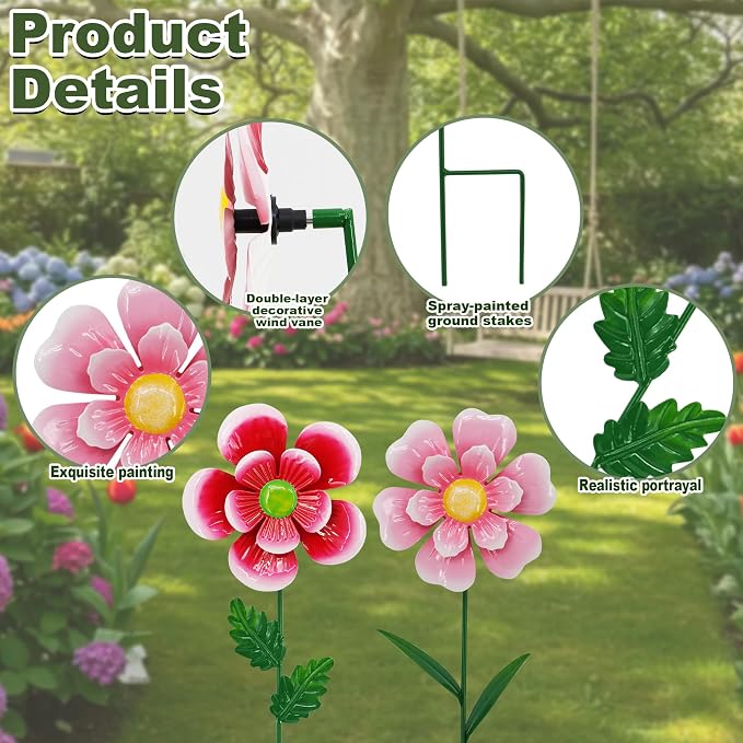 2 Pack Metal Flower Wind Spinner for Yard, 18in Outdoor Garden Stake with Retro Floral Design, Kinetic Patio Lawn Art, Weather Resistant Spring Decor