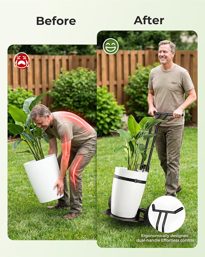 Brightown-Plant-Caddy-with-Wheels Heavy Duty, Ergonomic Plant Dolly for Elderly Gardeners with Adjustable Grabbing Arm,200 Lbs Capacity,All-Terrain Wheels,with Strap & Gloves for Indoor Outdoor, Black | Plant Caddy with Wheels Heavy Duty, 200 Lbs Capac...