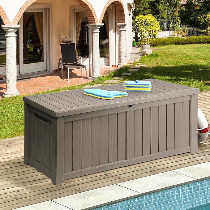 DWVO 120 Gallon Large Deck Box Outdoor Storage Box, Lockable Outside Storage Bin for Gardening Tools, Patio Cushions, Waterproof Resin (Light Brown)