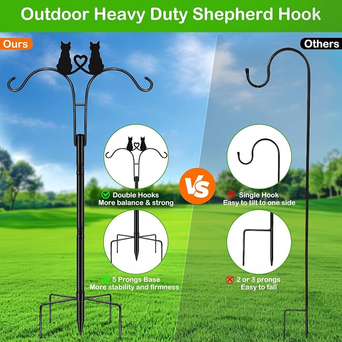 Double Shepherds Hooks for Outdoor, 2 Pack 78 Inch Bird Feeder Pole with 5 Prongs Base, Adjustable Heavy Duty Plant Hangers Cat Art for Outdoor Plants Hummingbird Feeder Hanging Basket Lantern