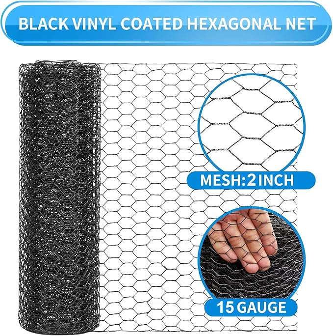 48'' x 50' Black Chicken Wire Mesh Fence, 15 Gauge Poultry Netting and 2 inch Mesh Fence Roll, Chicken Wire for Floral Arrangements/Crafts/Farm/Livestock/Pet Protection
