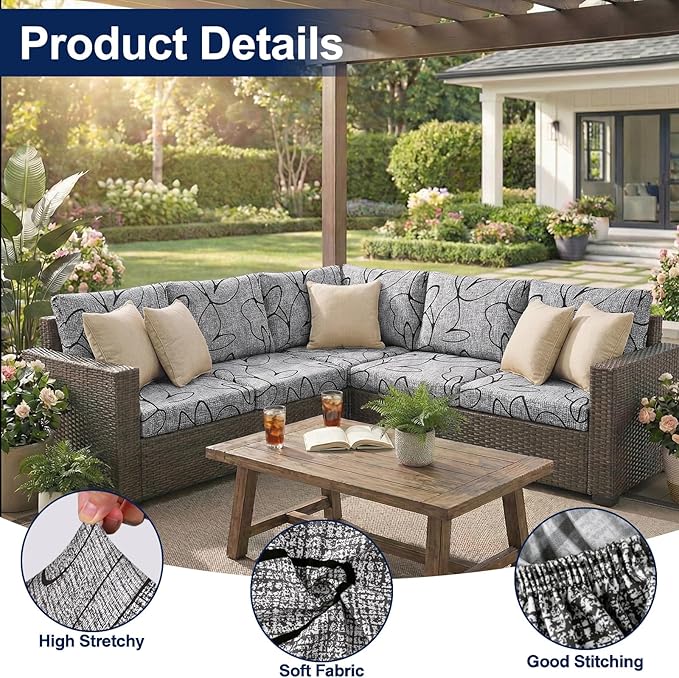 Smiry Waterproof Patio Cushion Covers, Stretch Outdoor Couch Slipcovers Replacement Washable Furniture Protector Sofa Chair Seat Cover for Dogs and Pets (8 Pcs, Grey and Black)