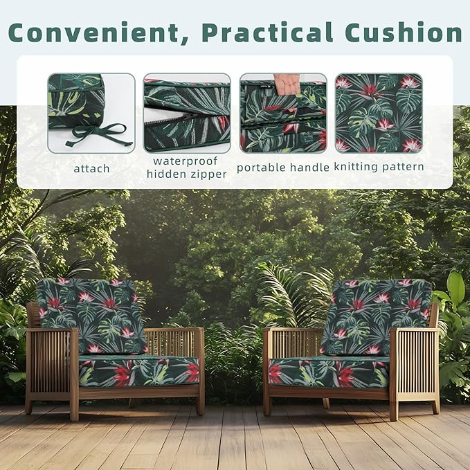 Favoyard Deep Seat Patio Cushion 19 x 19 x 3 in Waterproof Seat & Back Cushion Set with Color Fade Resisitant Pattern, Portable Handle, Attach Straps, Zipper on Removable Cover for Outdoor Furniture
