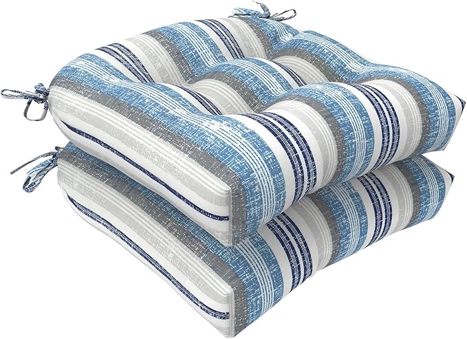 LVTXIII Patio U-Shaped Wicker Seat Cushion, Outdoor Tufted Chair Pads Decorative Seat Cushion Set for Garden Home Office Furniture Ornament, 19”x19”x4”, Pack of 2, Stripe Layered Blue