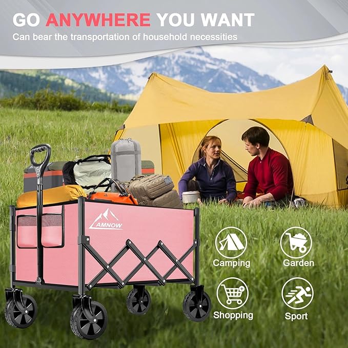 Collapsible Folding Wagon Cart, 350LBS Utility Large Capacity Cart Foldable Wagon with All Terrain Wheels, Grocery Wagons Carts for Garden Shopping Sports Camping, Light Pink