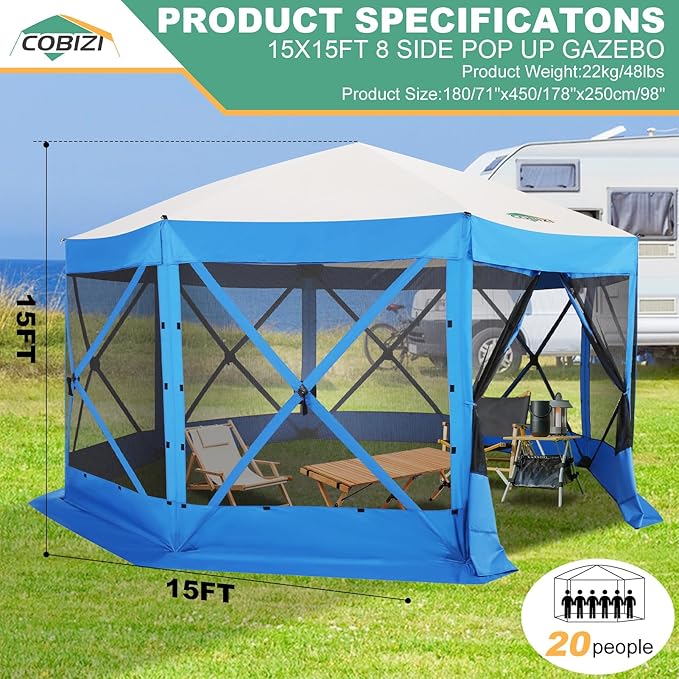 COBIZI 15x15 FT Pop Up Gazebo - Canopy Tent, Large Gazebos On Clearance,Instant Screened in Gazebo,carpas para Patio,Portable Screen Tents for 12-15 Persons Outdoor Camping, Backyard, Blue