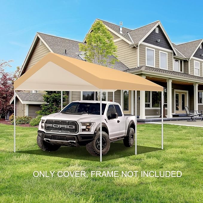 Carport Replacement Canopy Cover for Tent Car Garage Shelter Top Tarp with Ball Bungees (Only Only Top Cover, Frame is not Included) (12' x 20', Beige)