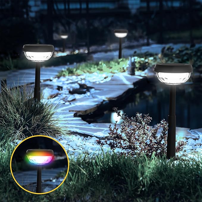 Ensenior Solar Pathway Lights IP65 Waterproof, RGB Color Changing & 6500K Cool White, 8-16Hr Runtime, Flower Pattern Garden Lights for Walkway Porch Yard - 10 Pack