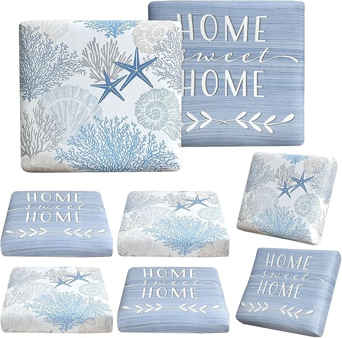 8 Pcs Patio Sofa Cushion Cover Blue Sea Outdoor Stretch Sofa Seat Cushions Cover Coastal Beach Replacement Couch Chair Slipcover Flexibility (Sea)