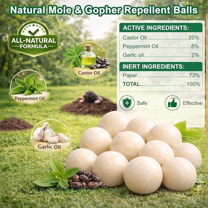 Mole Repellent for Lawns and Yard, Mole and Groundhog Repellent Outdoor, 12 Packs Natural Gopher Repellant Balls for Lawns, Gardens, Yards, Farms and Orchards, Safe for People and Pets
