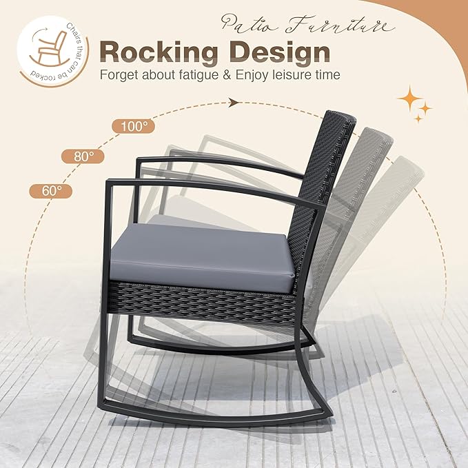 Greesum 3 Pieces Outdoor Furniture Set Patio Bistro Rocking Chairs with Glass Coffee Table for Pool Beach Backyard Balcony Porch Deck Garden, Light Gray
