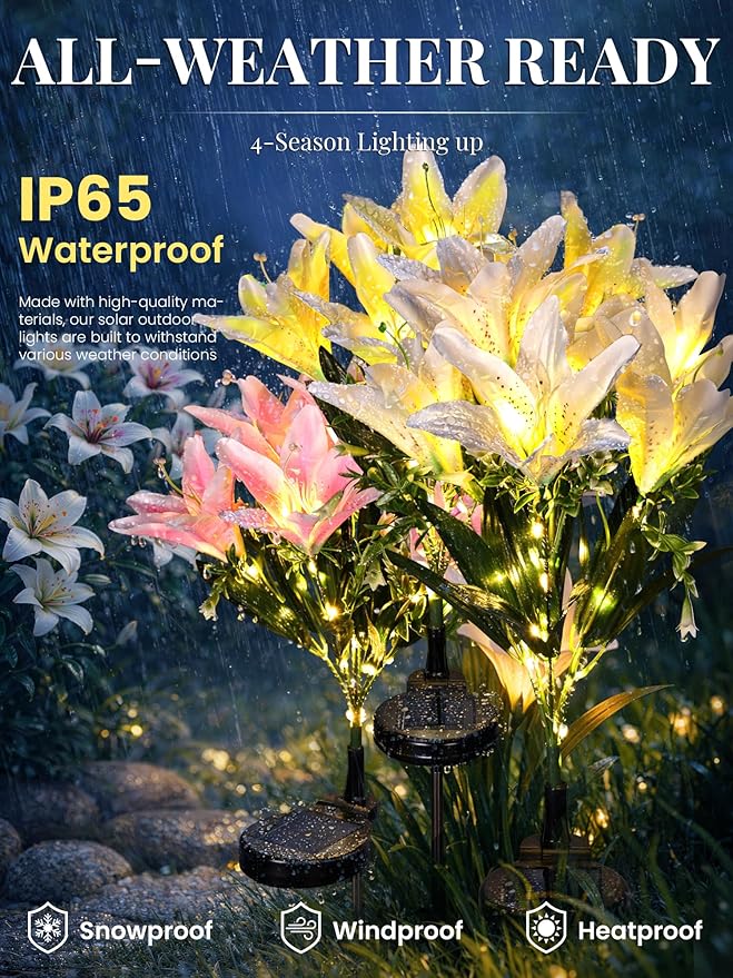GIGALUMI Solar Garden Lights, 8 Pack LED Lily Garden Decor Carefree Solar Flowers Outdoor Waterproof, Yard Decorations Outdoor, Allergy-Free Light up Flowers for Yard Patio (4Pink, 2White, 2Yellow)