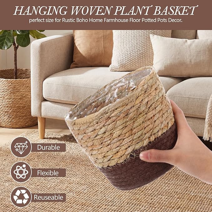 6 Pcs Seagrass Hanging Planter Basket Hand Woven Plant Basket with Plastic Liners Hanging Plant Holder Storage Containers with Cotton Rope for Indoor Garden Decor (Small,Brown,Coffee Brown)